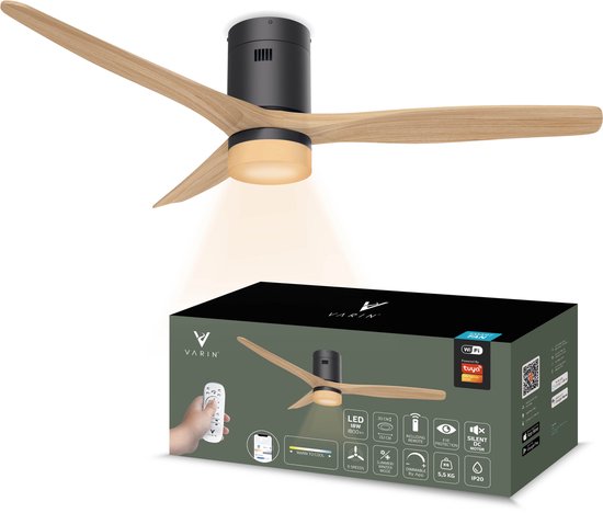 Smart plafondventilator LED 18W Ø132cm dimbaar 6 snelheden stil 20dB met verlichting en app bediening