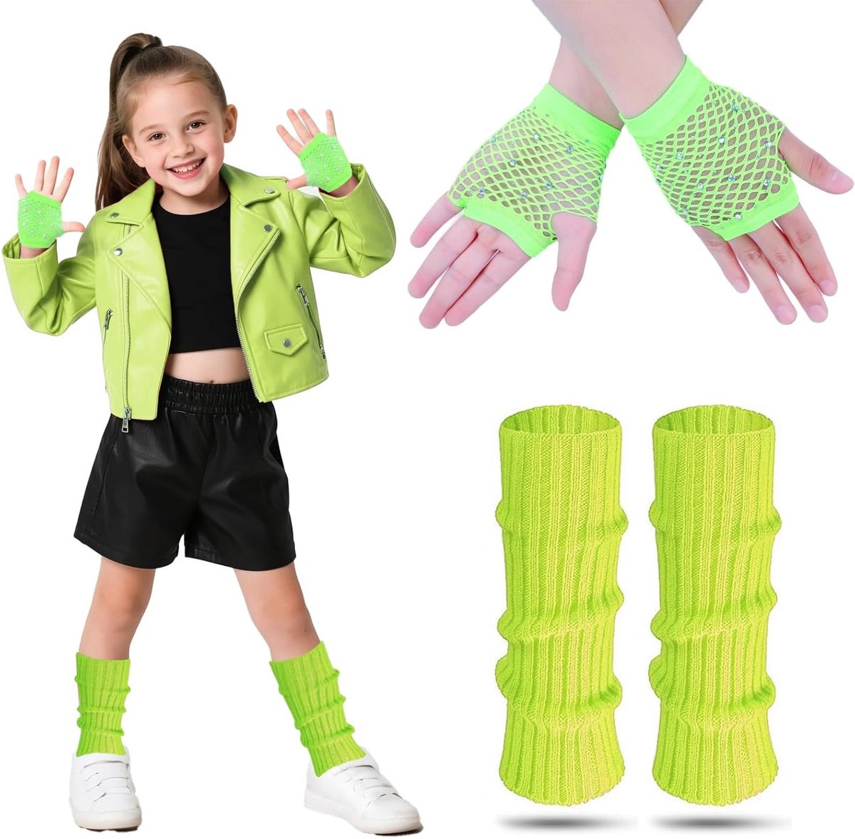 Kniewarmers voor Kinderen in Roze met Neon Visnet Handschoenen, Perfect voor 80s Kostuums en Feestjes, Modeaccessoires voor Meisjes