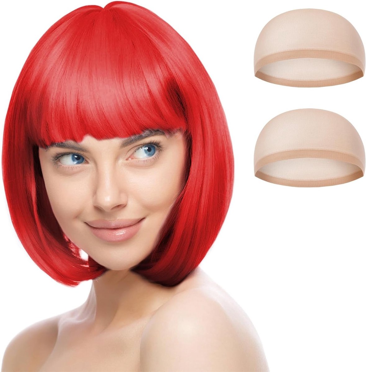 Korte Neon Bob Peruk met 2 Haarnetten voor Cosplay, Feestjes, Halloween en Carnaval Decoraties