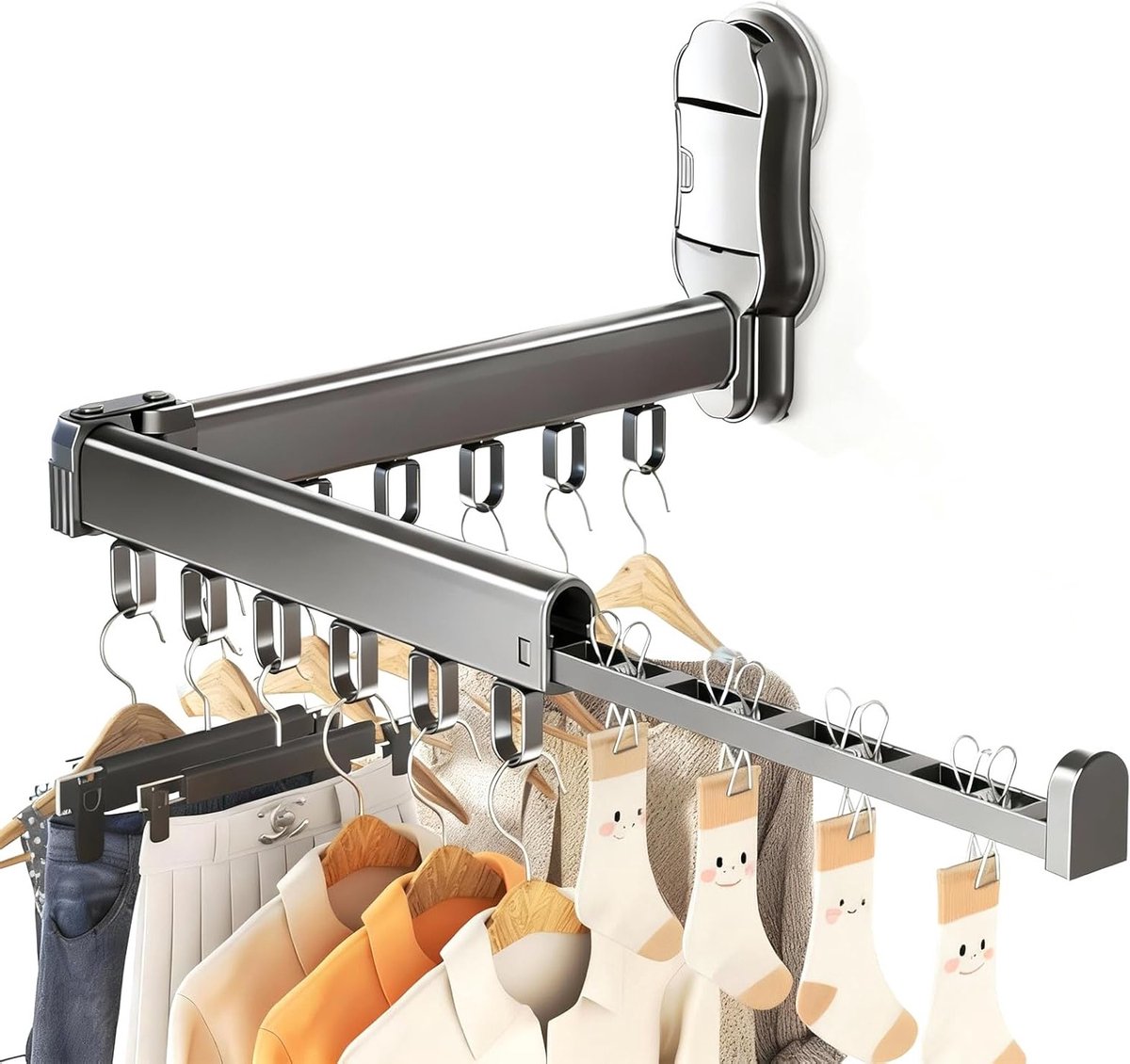 Verlengbaar en Opvouwbaar Wanddroogrek met Zuignap - Ruimtebesparende Mini Wasdroger voor Balkon, Badkamer en Reizen, Aluminium, Grijs