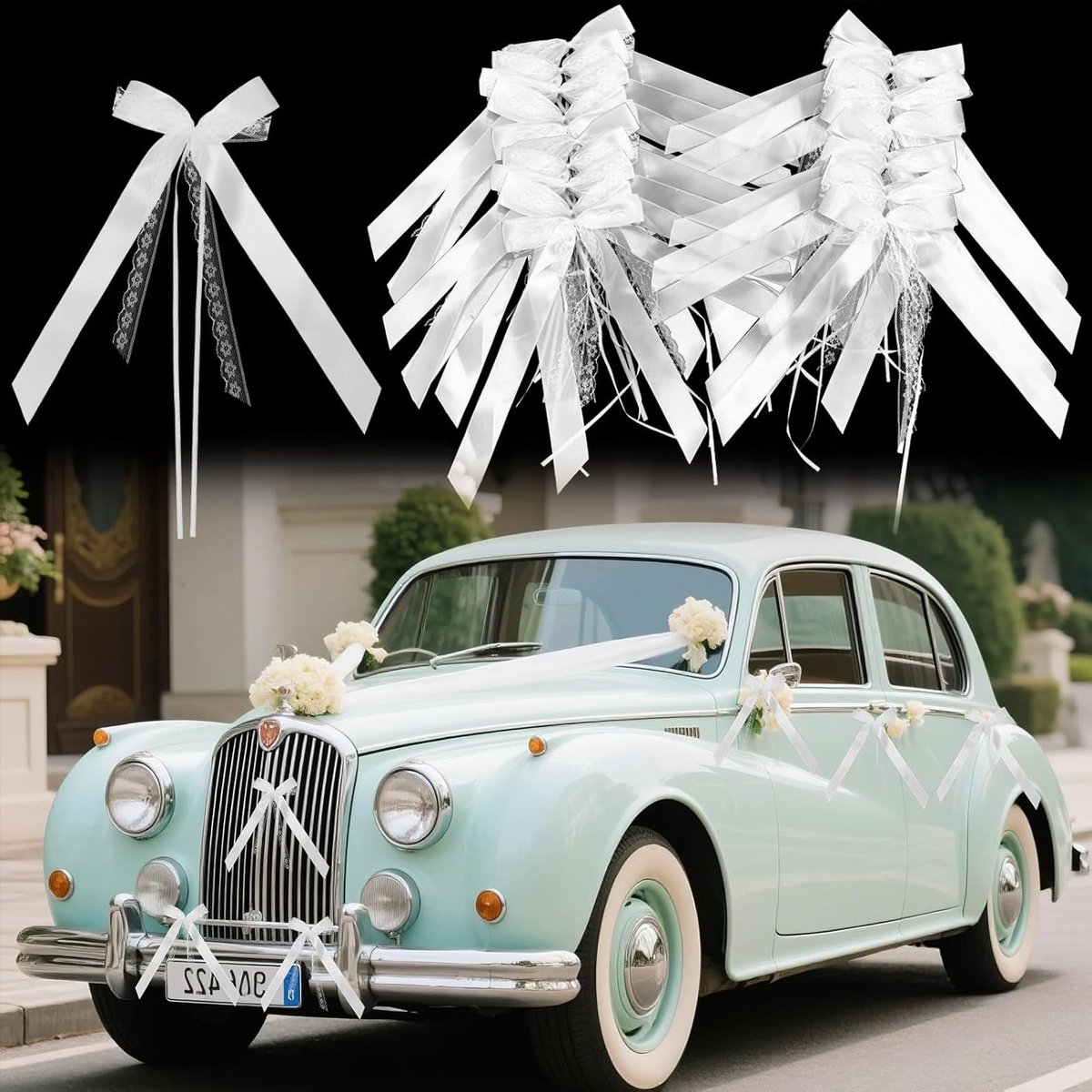 Elegante Trouwauto Versiering met 2 Laags Kant en Satijn voor Bruidsboeketten, Cadeaus en Fotoprops
