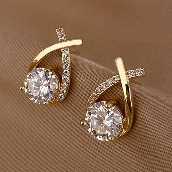 Sjika - Boucles d'oreilles dorées pour femmes avec zircone – Boucles d'oreilles de luxe – Design élégant – Plaqué or – Cadeau pour elle