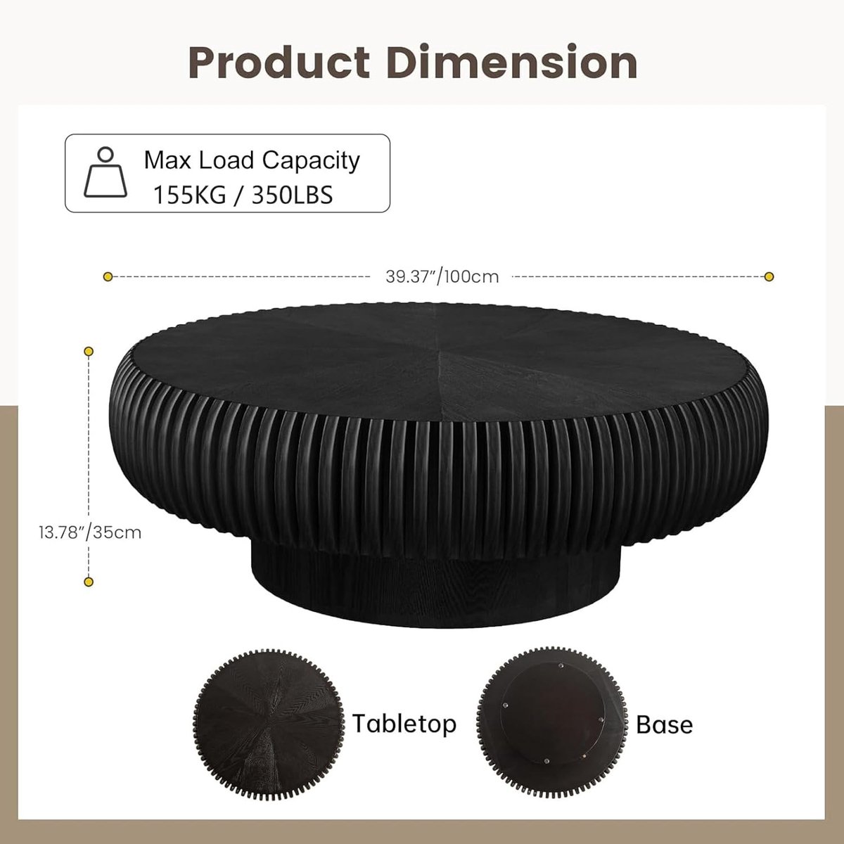 Ronde Salontafel 100 x 35 cm – Trommel Ribbel Design Moderne Koffietafel Zwart MDF – Design Bijzettafel Woonkamer Tafeltje – Faisal