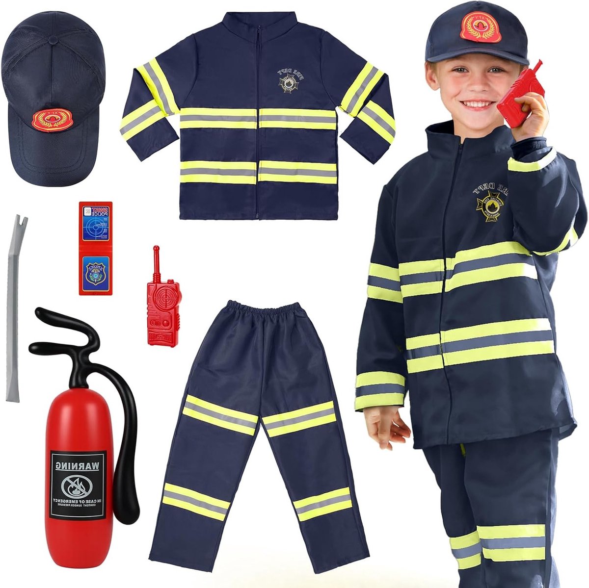 Kinderen Brandweerman Kostuum met 8 Accessoires voor Rollenspel en Educatie, Blauw, Geschikt voor 3-9 Jaar, Brandveiligheid en Creatief Spel
