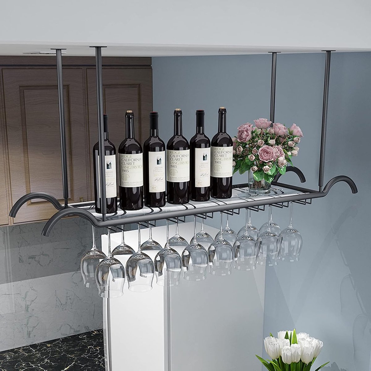 Wandgemonteerd Wijnrek met Glasophanger en Metalen Bar Plank – 120x30x80 cm – Industriële Floating Shelf voor Wijnflessen en Wijnglazen – Zwart – HomebyNicole