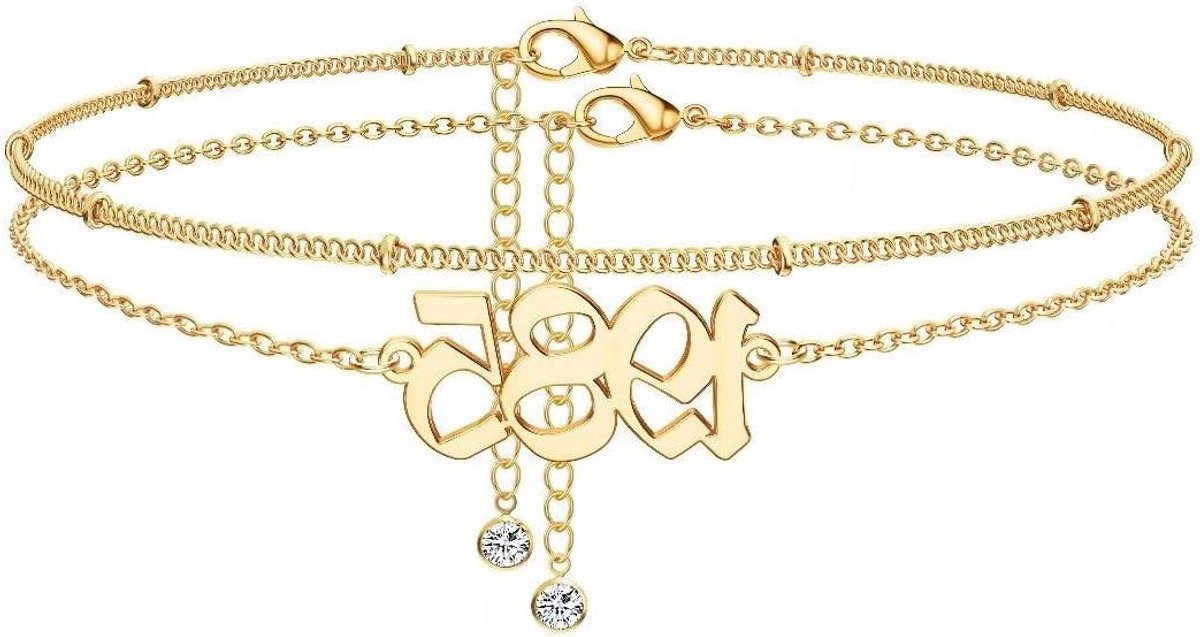Geboortejaar Anklet - Gouden Armband Voet - Herinnering Cadeau - 14K Goud Verguld - 7.62 cm - Goud