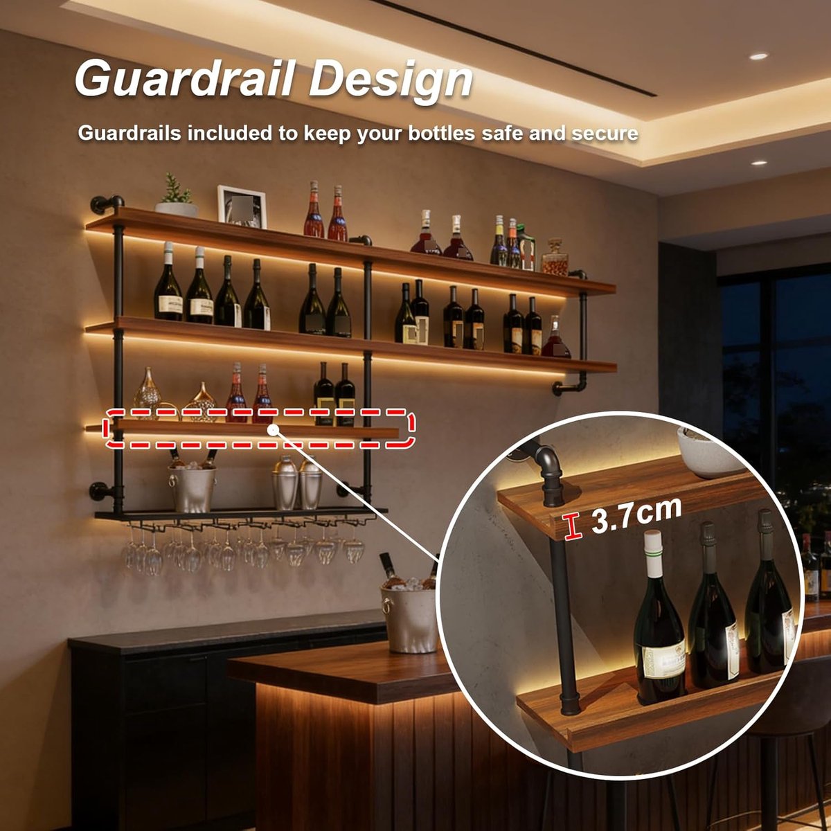 Wandgemonteerd Wijnrek met LED Verlichting 400 cm – Zwevend Massief Hout & Metaal Wijnrek met Glashouder – Industriële Wand Bar Kast voor Wijnflessen – Keuken, Eetkamer & Huisbar – HomebyNicole