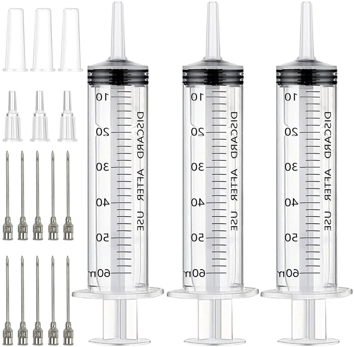 Set van 3 herbruikbare plastic spuiten 60ml met roestvrijstalen naalden voor planten, dierenvoeding en laboratoria