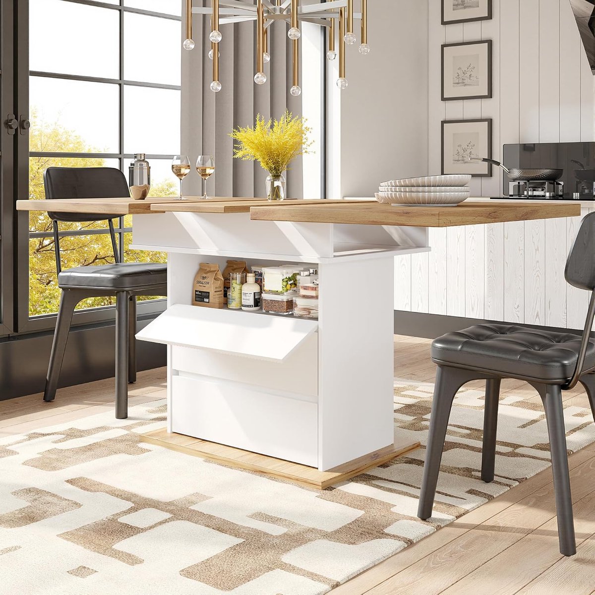 Lexiou Telescopic Dining Table (110-140 x 80 cm), Folding Kitchen Table, Extendable Dining Table, Space-Saving Kitchen Table, for Kitchen and Living Room (White)