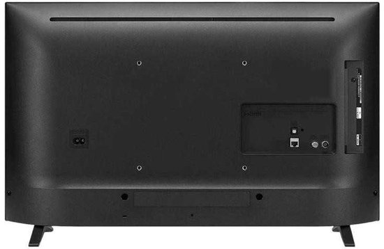 Achterkant van een zwarte LG smart tv met poorten en standaard.