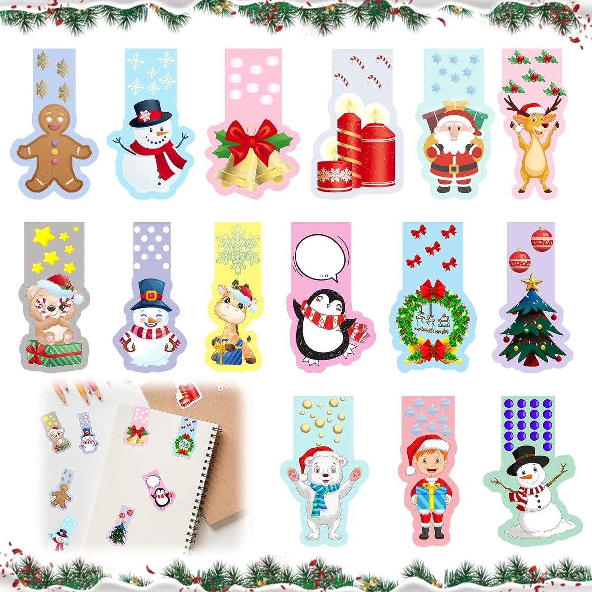 Kerstmagnetische Boekenleggers voor Kinderen, 30 Stuks, Kleurrijke en Persoonlijke Boekenleggers met Kerstthema voor Cadeaus en Leesplezier