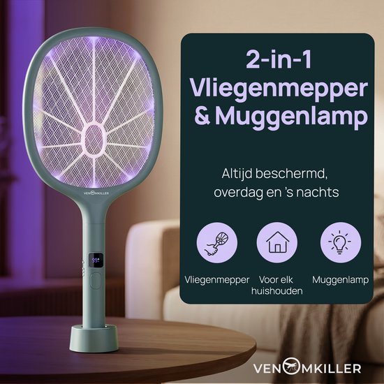 Lichtgroene 2-in-1 vliegenmepper en muggenlamp met UV-licht, in een woonkamer setting.