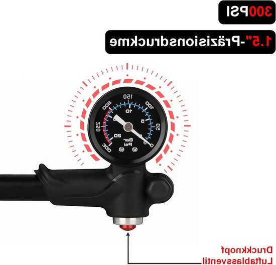 3-in-1 Fietspomp voor Voorvork en Achtervering - Hoge Druk Pomp tot 300 PSI met Manometer en Ventielknop, Compact en Draagbaar voor Fietsen en Banden — afbeelding 2