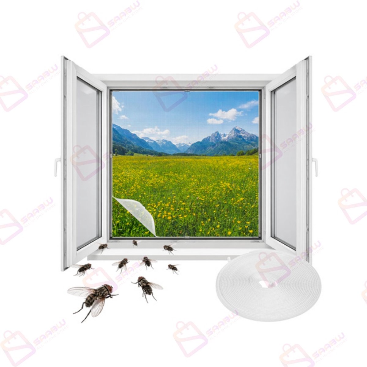 Muggengaas voor Raam 160x130 cm – Insectenhor met Klittenband 5 Meter tegen Muggen en Vliegen – muggengaas raam – muggenhor zelfklevend – insectengaas wit – vliegenhor raam – wit – 63023