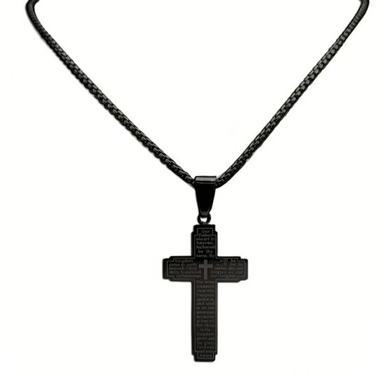 Zwarte kruishanger met schakelketting met gegraveerde gebedstekst.