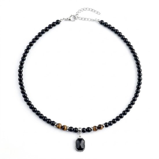 Kralenketting met zwarte kralen, tijgeroogdetails en een achthoekige zwarte hanger in een zilverkleurige zetting.
