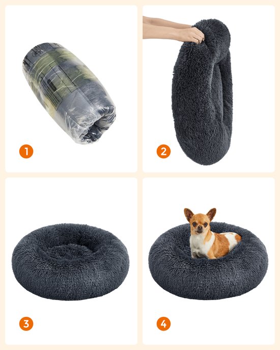 Stappen: 1. Opgerold bed 2. Bed in vorm 3. Rond bed 4. Hond in bed.
