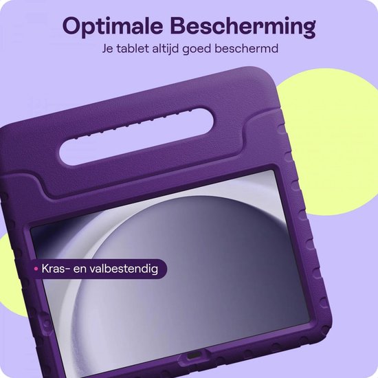 Paarse, kras- en valbestendige tablethoes met handvat voor optimale bescherming. Ideaal voor kinderen.