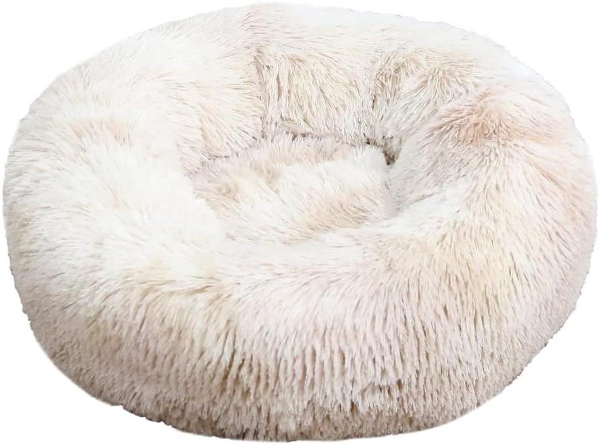 Huisdierbed Donut - Kattenbed Hondenkussen - Diepe Slaap - Zelfwarme Knuffel - 120cm - Beige