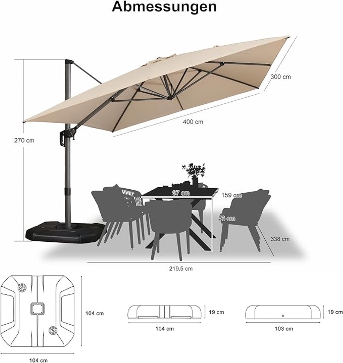 Zweefparasol 400x300 cm Rechthoekig Beige – Hoogwaardig Aluminium Terrasparasol met Zwengel, 360° Rotatie, UV-Bescherming, Waterafstotend & In Hoogte Verstelbaar – Laura