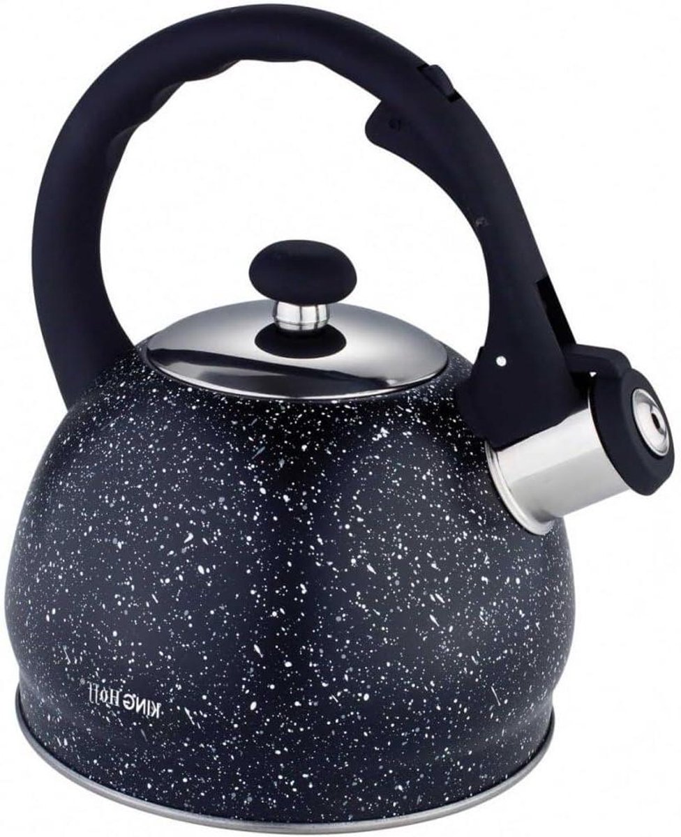 Waterkoker met Fluit - Klassieke Ketel - Thee en Koffie - Marmerlook Coating - 2 Liter Inhoud - Zwart Roestvrij Staal