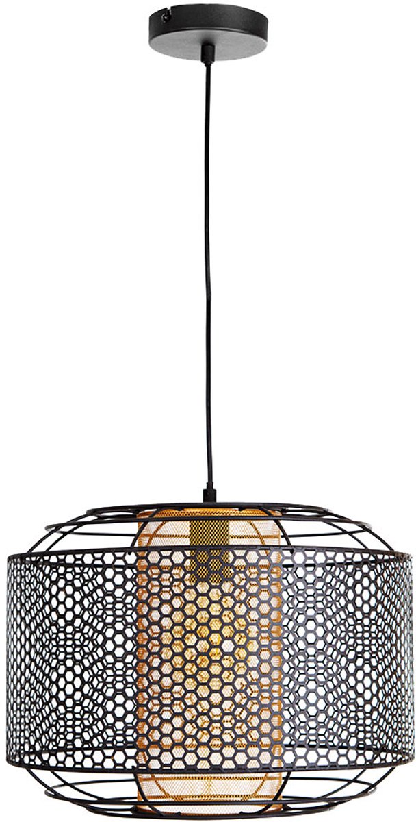 Hanglamp Hanglamp eettafel Woonkamerlamp Keukenlamp, metalen raster zwart cilinder goudkleurig, 1x E27, H 150 cm