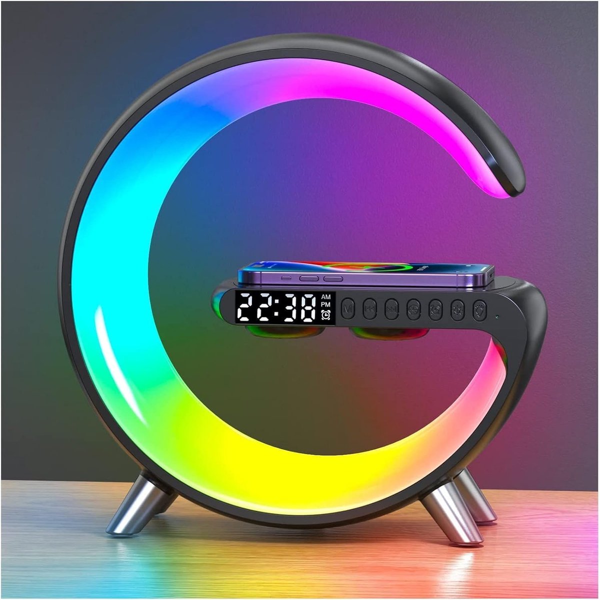 Led Tafellamp - Draadloze Oplader Speaker - Nachtkastje Decoratie - App Bediening 4-in-1 - 22 x 8 x 23 cm