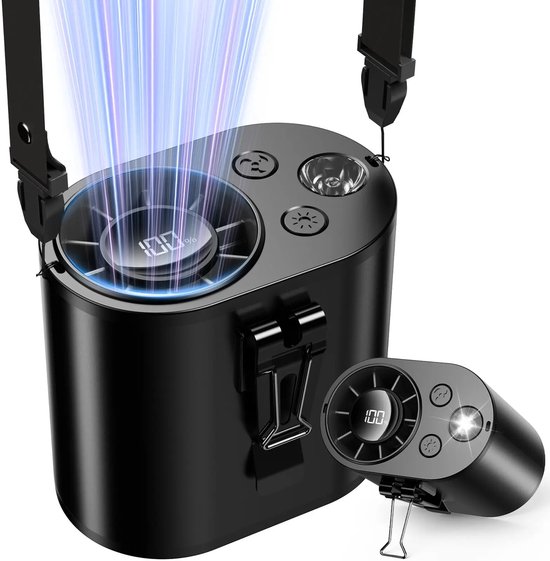 Draagbare tailleventilator met clip, 10 snelheden, LED display, 10.000 mAh batterij, mini ventilator zwart