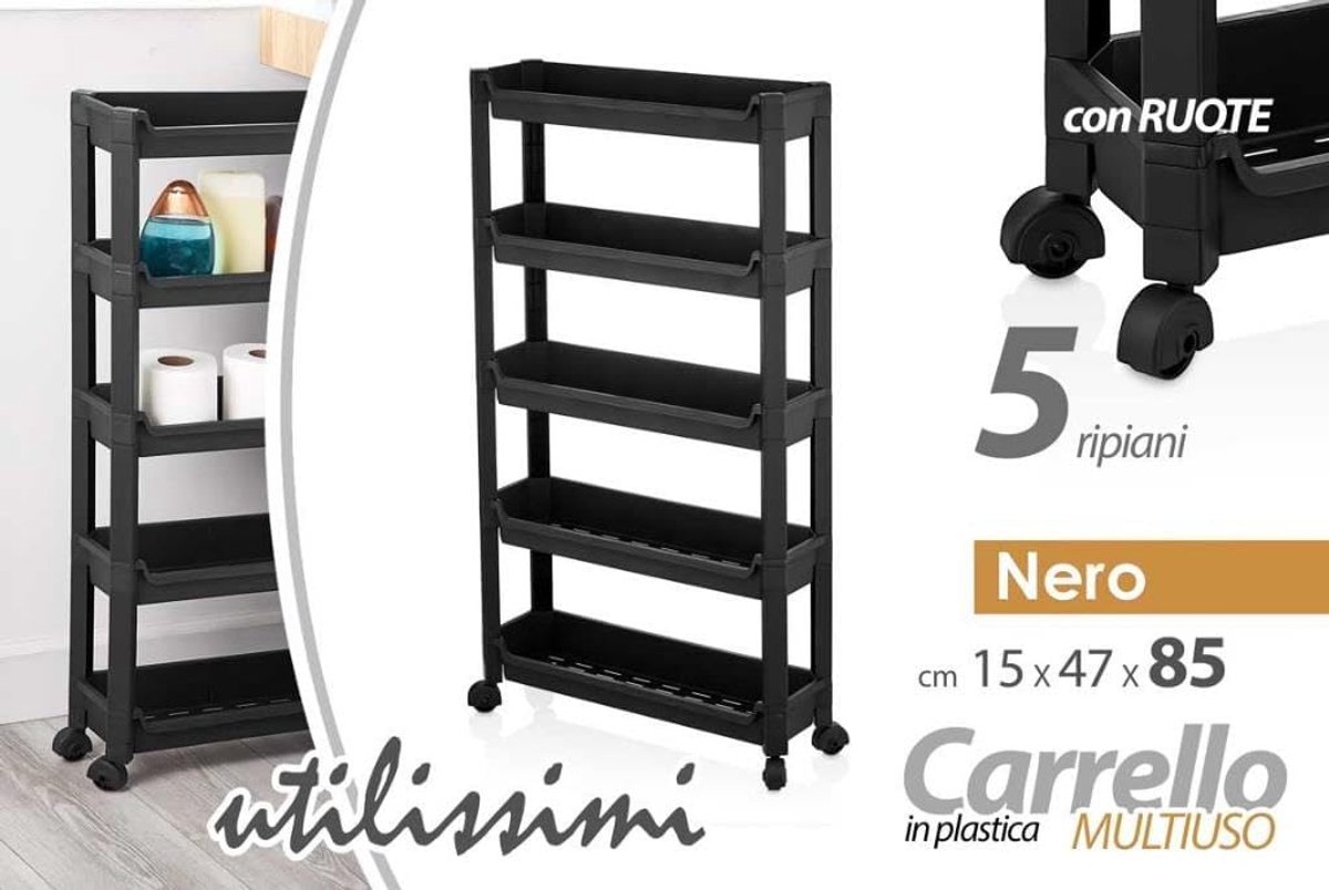 Serveerwagen Kunststof - Smalle Trolley - Keuken Opslag - Vijf Etages - 47x15x85 cm - Zwart