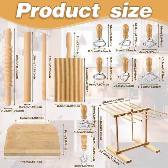 Pastamaker Set - Pastagereedschap - Zelfgemaakte Pasta - 14 Delig - Natuurlijk Hout van Pastamaker — afbeelding 2