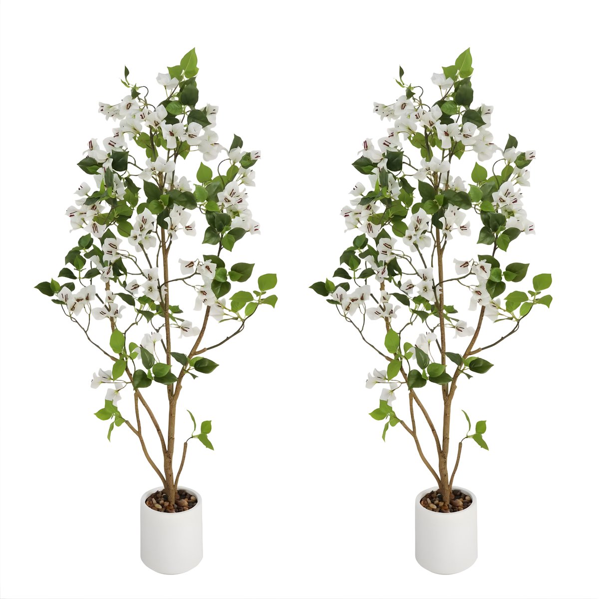 Happiq Kunstmatige Bougainvillea Boom - Voor Thuis & Kantoor - Faux Zijde Bloemenplant met Bloemen - 2 Stuks, 120 cm, Inclusief Plastic Pot - Wit White