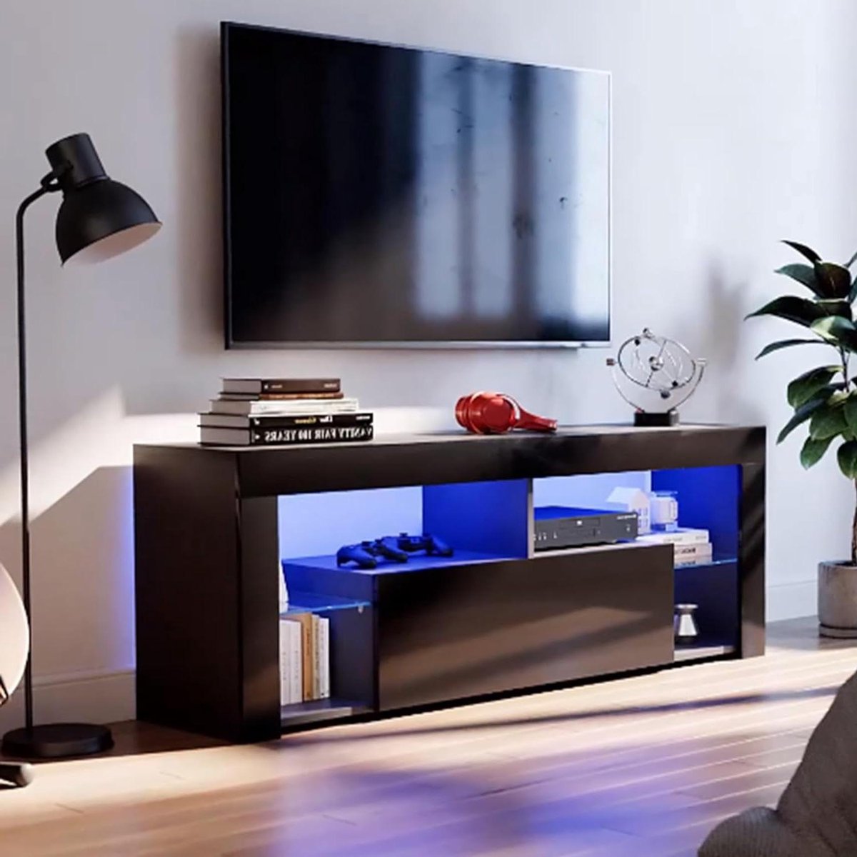 TV Opzetkast - Televisiekast Dressoir - Woonkamer Entertainment - Instelbare LED Verlichting - 140x35x50.5cm - Zwart