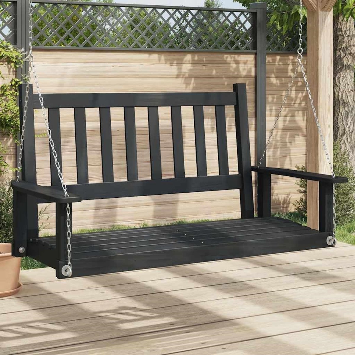 Luxe 3-Zits Houten Tuinschommelbank Zwart Weerbestendige Terras Hangbank met Metalen Kettingen 115x65x63 cm