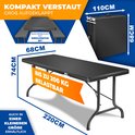 Afmetingen van de zwarte klaptafel: 220x68x74cm. Gevouwen: 110x68x9cm. Belastbaar tot 200 kg.