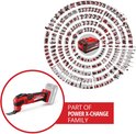 Een rode en zwarte multitool met een accu, omringd door een cirkel van vele andere Einhell Power X-Change gereedschappen.