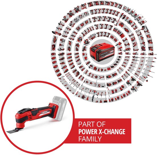 Een rode en zwarte multitool met een accu, omringd door een cirkel van vele andere Einhell Power X-Change gereedschappen.