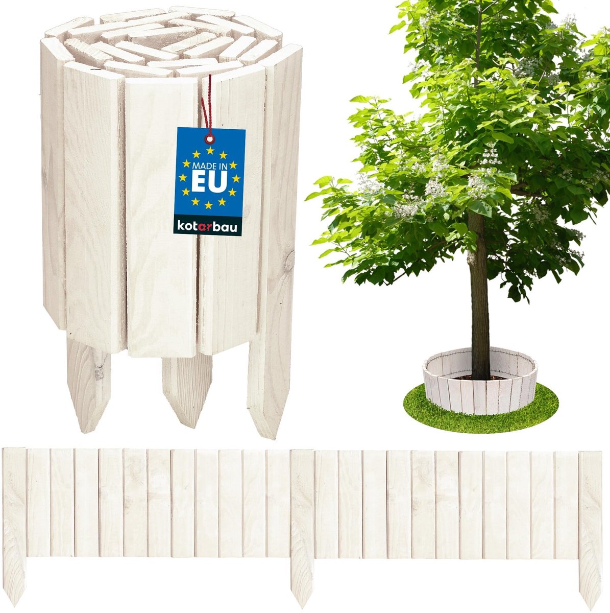 KOTARBAU® Bloembedrand, Rolborder, 110 x 20 cm, Wit, Tuinafscheiding, Houten Tuinhek, Borderrand, Palissade, Schapenhek, Tuindecoratie