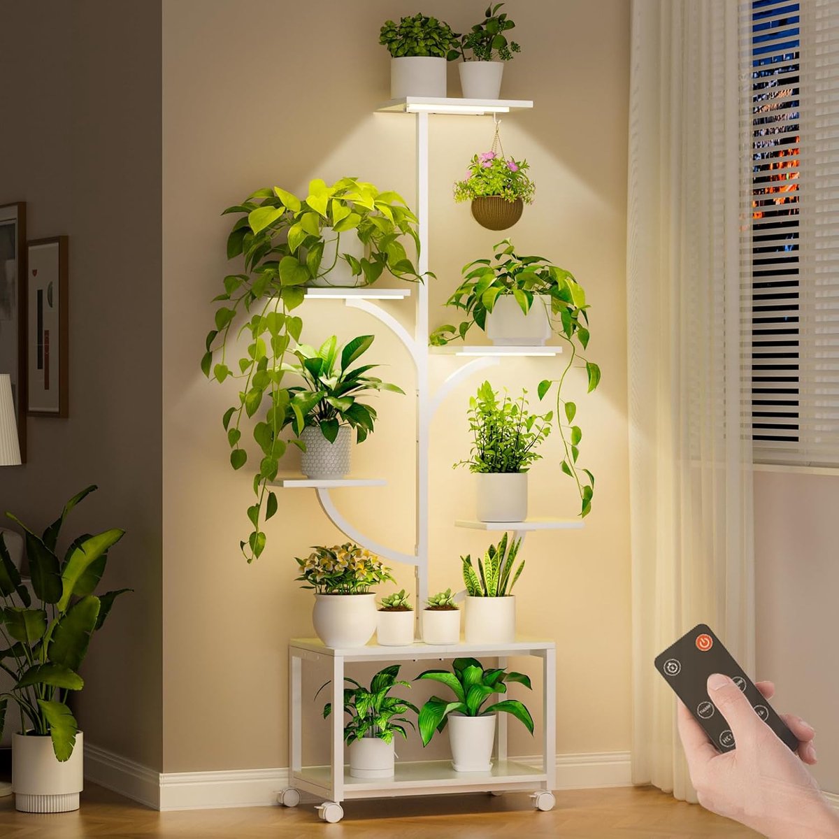 Plantenstandaard met Kweeklamp - Kamerplantenplank - Binnen Kweken - 7 Gelaagde Plank - 50 x 26 x 152 cm - Wit