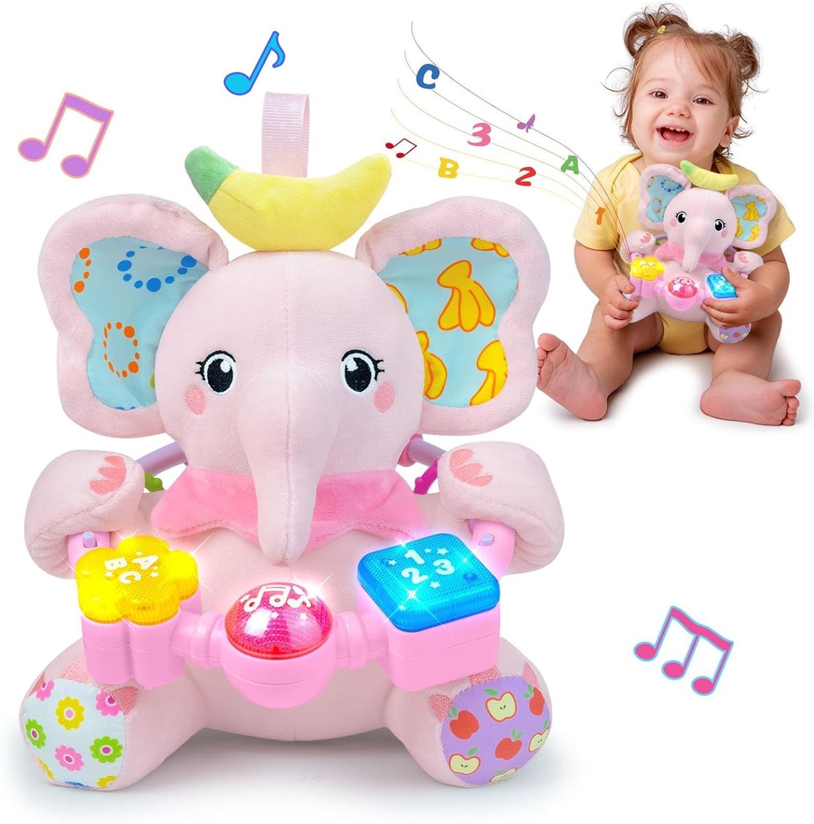 Baby olifant knuffel - Zachte pluche - Vroeg leren - Licht en geluid - 15 cm - Roze