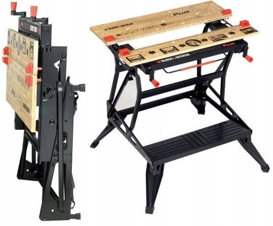 De inklapbare werkbank Black+Decker Workmate Plus, opgevouwen en uitgeklapt.
