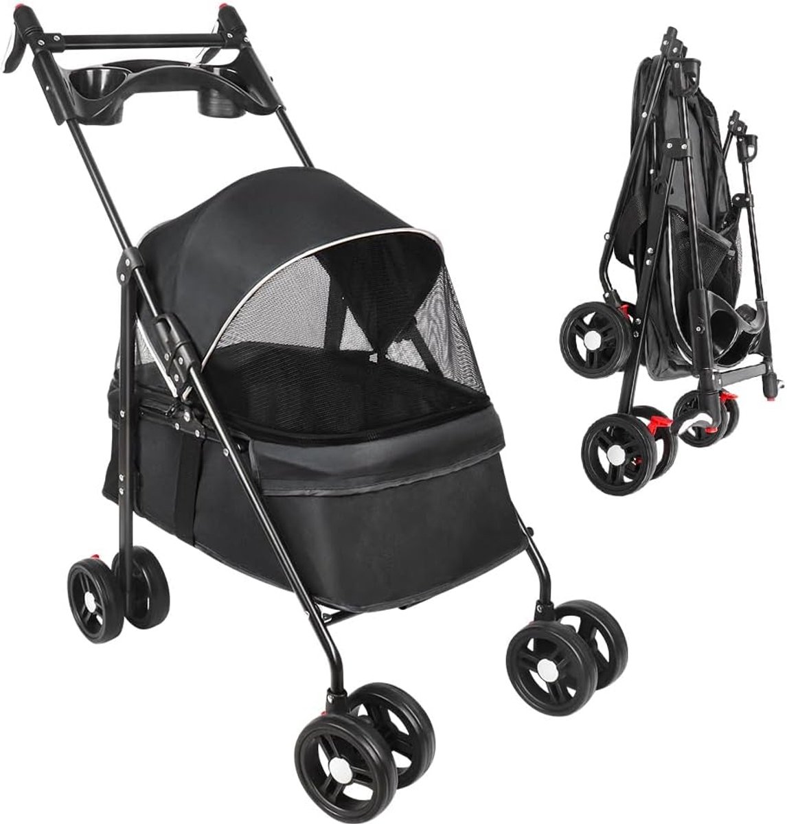 Opvouwbare Dierenbuggy - Honden Kattenwagen - Reizen Wandelen - Veiligheidsharnas Bekerhouder - Tot 15 KG - Zwart