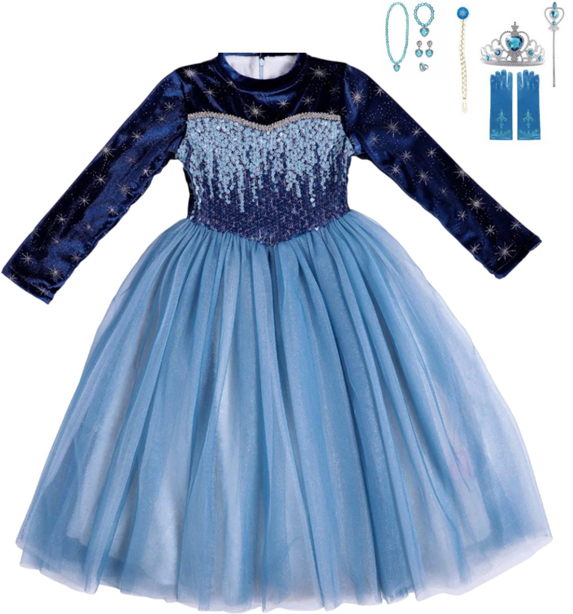 Frozen Elsa Prinsessenjurk – Inclusief Kroon, Toverstaf, Handschoenen en Juwelen – Maat 110/116