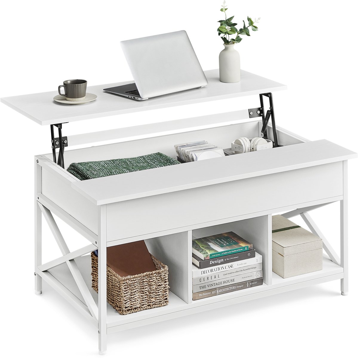 Vasagle Salontafel - Bijzettafel - Met Verstelbaar Blad - Ruim Opbergvak - Voor Woonkamer Wit