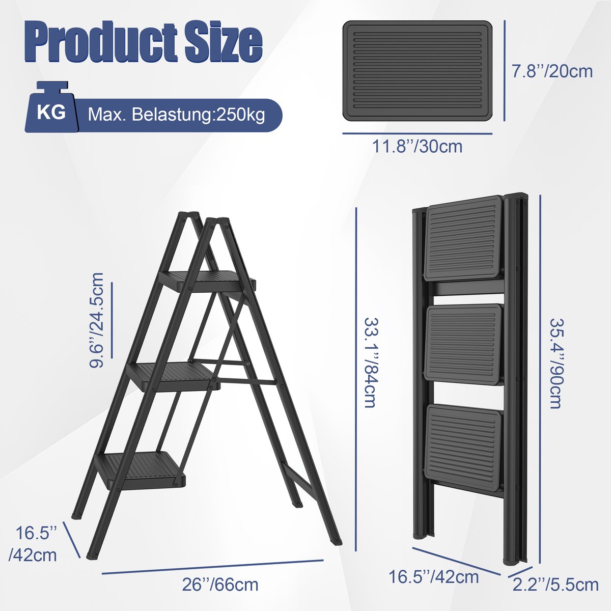 Opvouwbare Trapladder 3 Treden – Huishoudtrap met Brede Antislip Treden (30×20 cm), Stabiel & Belastbaar tot 250 kg – Zwart – foto 2