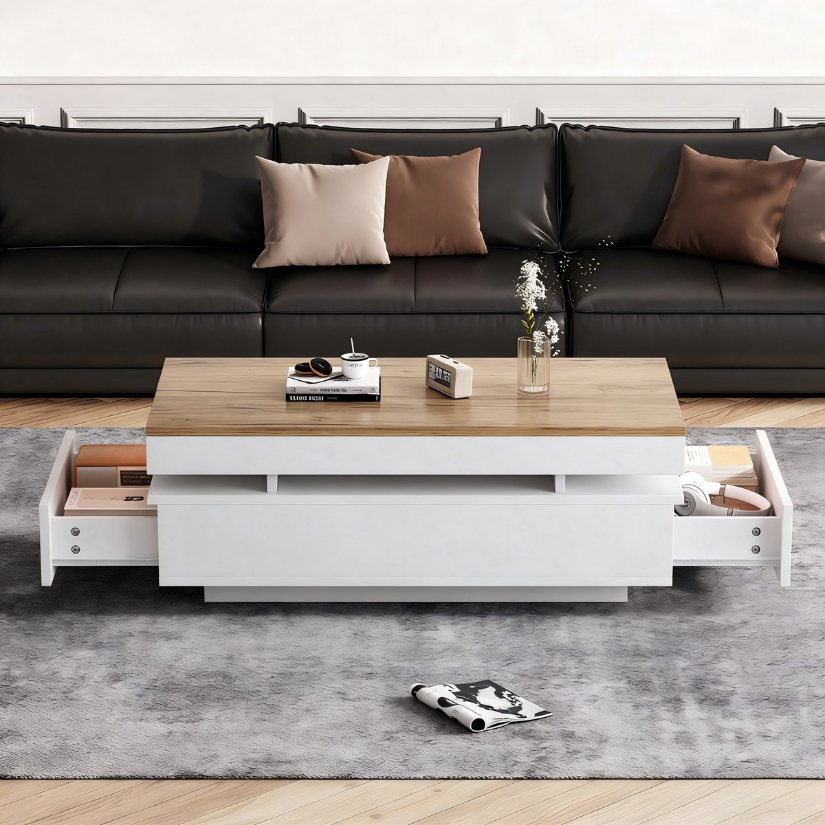 MODFU Salontafel Met 2 Laden En Led-Verlichting - Modern - Voor Woonkamer - Spaanplaat - Wit En Houtkleur - 100 x 50 x 35 cm