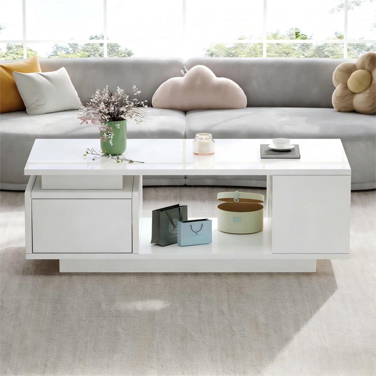 MODFU Salontafel Met Lade En Ledverlichting - Minimalistisch - Voor Woonkamer - Spaanplaat - Wit - 100 X 50 X 36 Cm