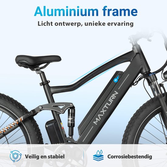 Maxtron MX1 Elektrische Fiets - 624Wh Accu - Actieradius tot 100 km - 26×4.0 Inch Fatbike Banden - Shimano 7 Versnellingen - Verende Voorvork (Aluminium/Staal) - Mechanische Schijfremmen - Stadsfiets - Max. Belastbaar 120 kg - Zwart — afbeelding 4