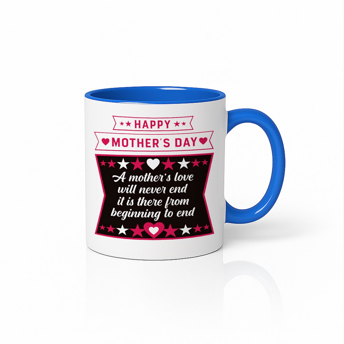 Moederdag Mok - A Mother's Love Will Never End - Inspirerende Tekst - Blauw/Wit Keramiek