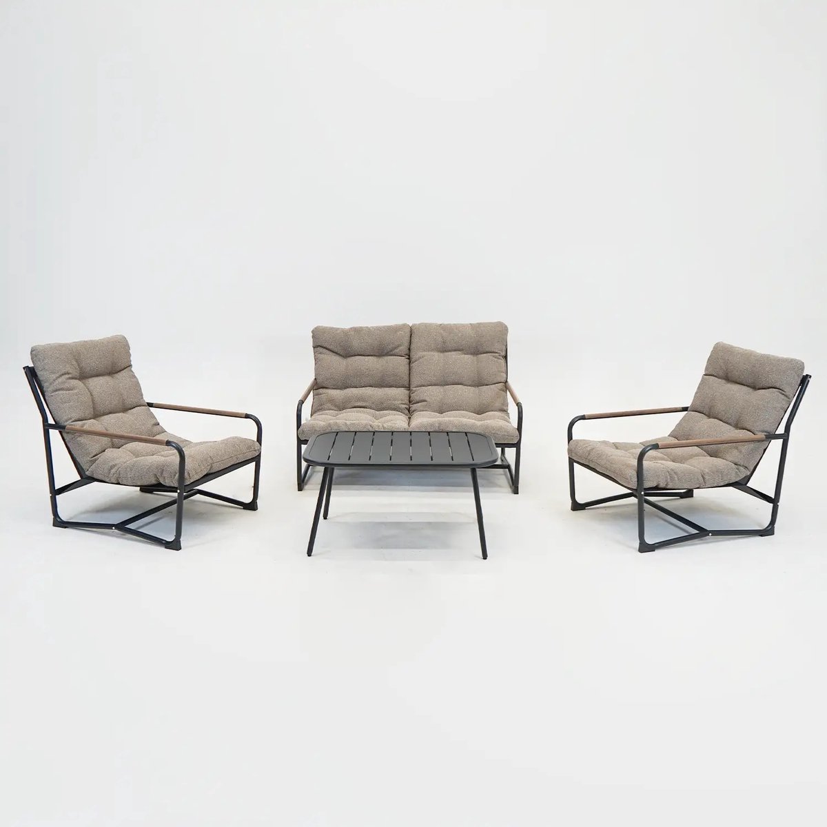 Vita - Como loungeset - Optimaal comfort - XL kussens olefin Boucle - complete loungeset met tafel - Textielene zitting - Wood look arm rest - Makkelijke montage - Met tafel en bank