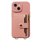 Roze telefoon hoesje met portemonnee en rits geschikt voor iPhone 15 – kunstleer beschermende wallet case voor dames en heren met pasjeshouder, druksluiting, draagkoord bevestiging en standaard functie